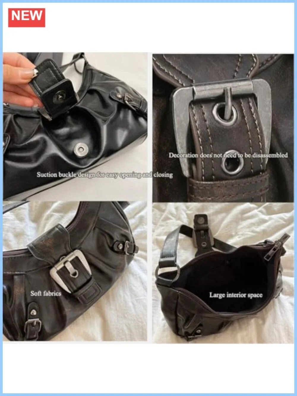 Washed Faux Leather Y2K Hobo Shoulder Bag Buckle Handbag Small Punk Purse